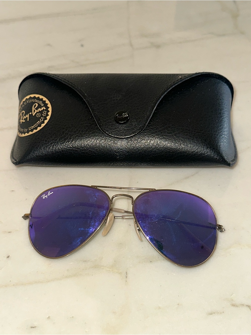 Ray-Ban Gold Frame Aviators with Purple Mirrored Lenses and Black Case